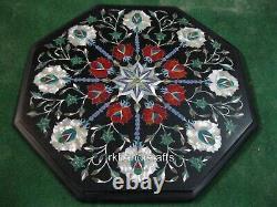 15 Inches Semi Precious Stone Inlay Work Coffee Table Top Black Marble Bar Table