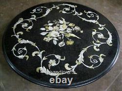 24 x 24 Inches Floral Pattern Inlay Work Bar Table Black Marble Coffee Table Top