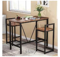 3-Piece Pub Bar Table Set with 2 Bar Stools and Faux Marble Tabletop Brown