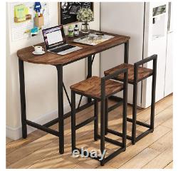3-Piece Pub Bar Table Set with 2 Bar Stools and Faux Marble Tabletop Brown