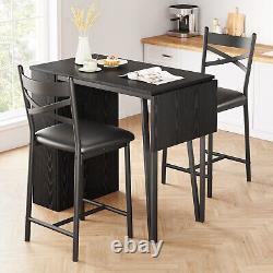 3-Tire Dining Set Bar Table and 2 Height Chairs Wood Top for Small Space Kitchen