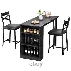 3-Tire Dining Set Bar Table and 2 Height Chairs Wood Top for Small Space Kitchen