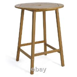 31.5 Patio Round Bar Table Acacia Wood with Umbrella Hole & Slatted Tabletop
