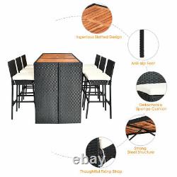 7 PCS Rattan Bar Table & Chair Set Dining Furniture Set Wood Table Top Outdoor