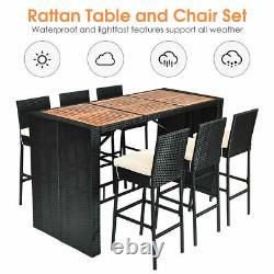 7PCS Rattan Wicker Bar Set Patio Dining Furniture with Wood Table Top 6 Stools