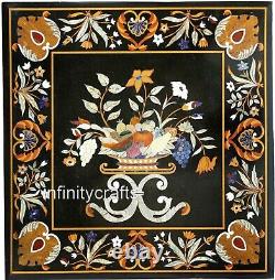 Black Marble Coffee Table Top Vegetable Pattern Inlay Work Kitchen Center Table