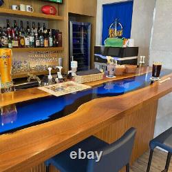 Blue Clear Epoxy Resin Bar Counter Slab Top, Luxury Wooden Kitchen Counter Decor