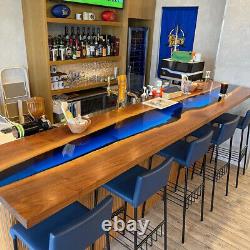 Blue Clear Epoxy Resin Bar Counter Slab Top, Luxury Wooden Kitchen Counter Decor
