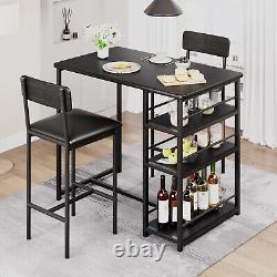 Dining Set Bar Table and 2 Height PU Leather Chairs Wood Top Small Space Kitchen