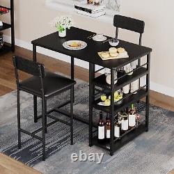 Dining Set Bar Table and 2 Height PU Leather Chairs Wood Top Small Space Kitchen