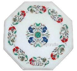 Gemstone Inlay Work Bar Side Table Top White Marble Coffee Table with Royal Look