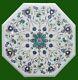 Octagon Marble Coffee Table Top Shiny Gemstone Inlay Work Restaurant Side Table