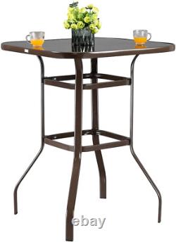 Outdoor Bar Table Metal Brown Patio Bar Table, Tempered Glass Table Top Outdoor