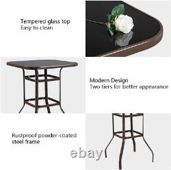 Outdoor Bar Table Metal Brown Patio Bar Table, Tempered Glass Table Top Outdoor