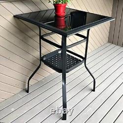 Patio Table Outdoor Dining Metal Table Glass Top Garden Bistro 2-tier Bar Table