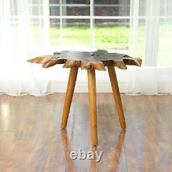 Solid Teak Slab Live Edge Side Table with Burnt Edge and Bubut Wood Legs