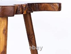 Solid Teak Slab Live Edge Side Table with Burnt Edge and Bubut Wood Legs
