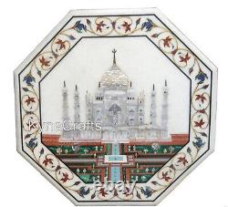 Taj Mahal Replica Inlay Work Coffee Table Top Octagon White Marble End Table