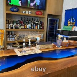 Comptoir de bar en résine époxy claire bleue, dessus de dalle, décoration de comptoir de cuisine en bois de luxe