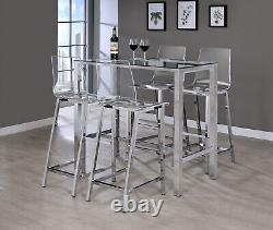 Ensemble de salle à manger moderne avec table de bar en verre, 5 pièces, chaises en acrylique, chrome et dessous de verre 104873.