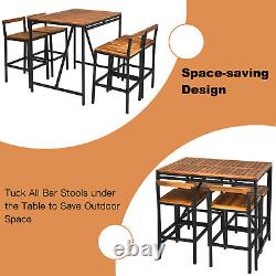 Ensemble de table de bar de patio en rotin PE de 5 pièces avec plateau en bois d'acacia pour dîner en hauteur.