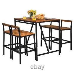 Ensemble de table de bar de patio en rotin PE de 5 pièces avec plateau en bois d'acacia pour dîner en hauteur.