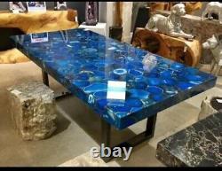 Plateau de table de bar en agate bleue ronde, Table en agate naturelle, Décoration intérieure de la maison