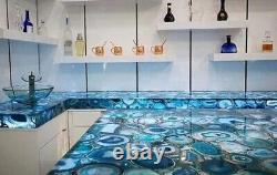 Plateau de table de bar en agate bleue ronde, Table en agate naturelle, Décoration intérieure de la maison