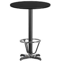 Plateau de table stratifié noir de 30 pouces de diamètre avec une base de table de bar de 22 x 22 pouces de hauteur et un repose-pieds