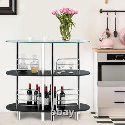 Table de bar avec rangement pour vin à domicile, table de pub avec dessus en verre trempé et 2 étagères