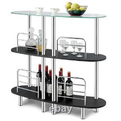 Table de bar avec rangement pour vin à domicile, table de pub avec dessus en verre trempé et 2 étagères