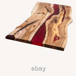 Table de bar en bois rouge époxy fait main avec plateau central pour canapé