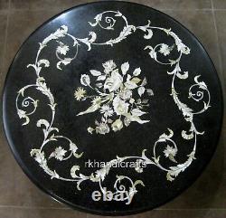 Table de bar en marbre noir avec motif floral incrusté de 24 x 24 pouces