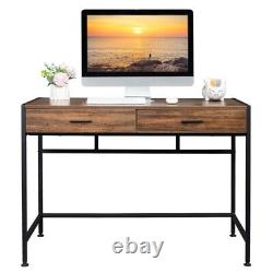 Table de bois rétro de 1065075 cm avec cadre en acier noir et deux tiroirs en panneau de particules.