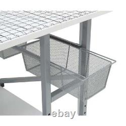 Table de découpe pliante en tissu MDF argenté / blanc, tiroirs, grille et guides supérieurs